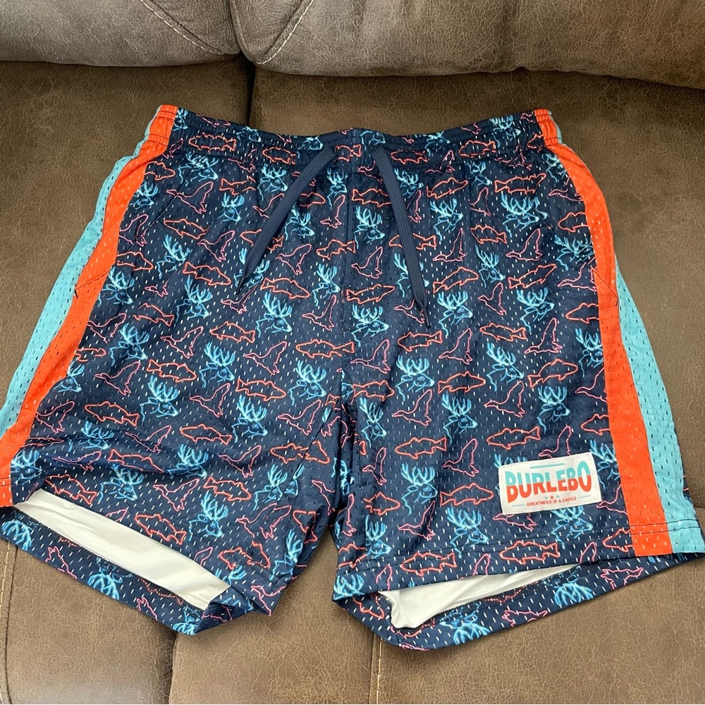 BURLEBO Blue and Red Athletic Shorts with Distinctive Pattern